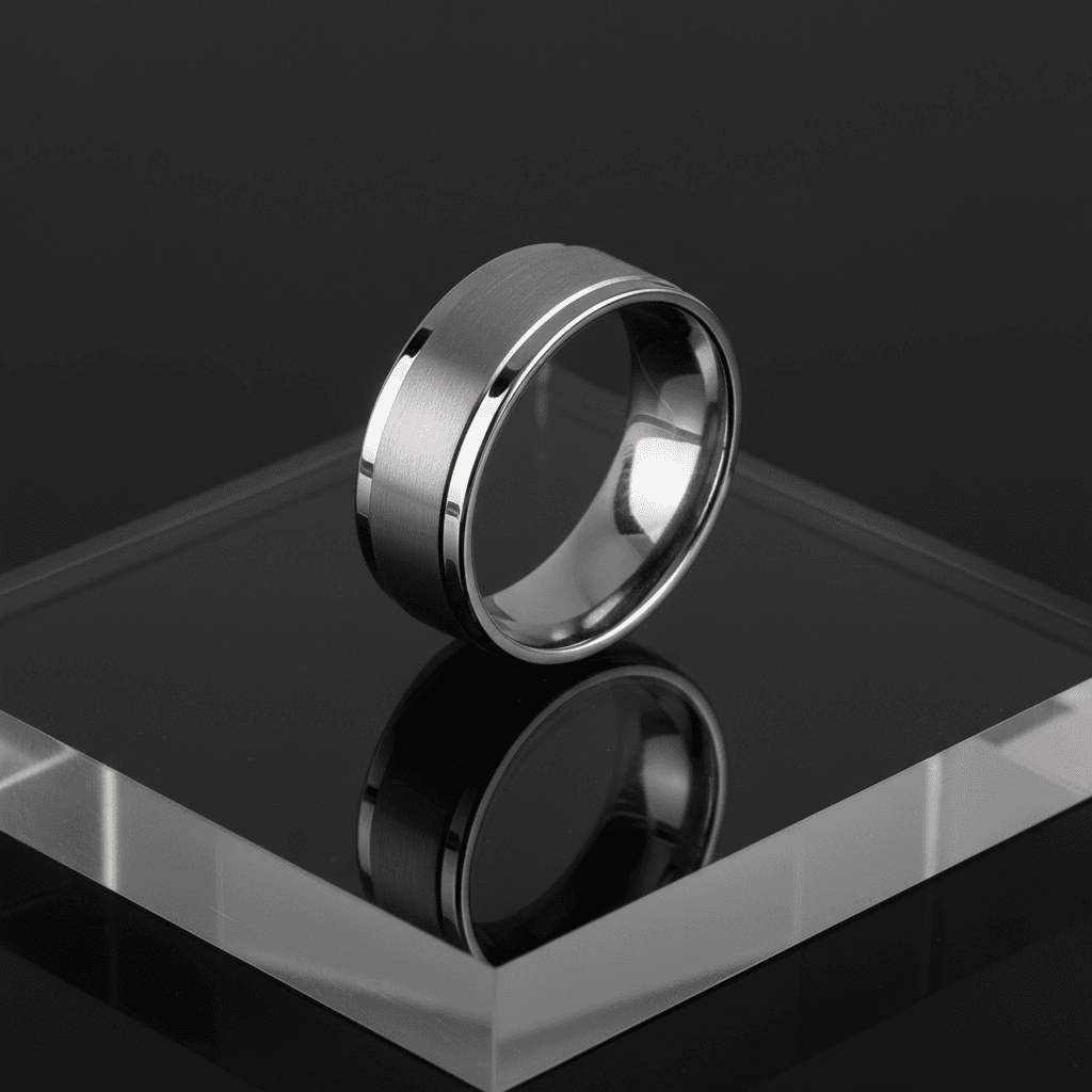 Wide silver men's band with brushed center and polished stepped edges on black acrylic
