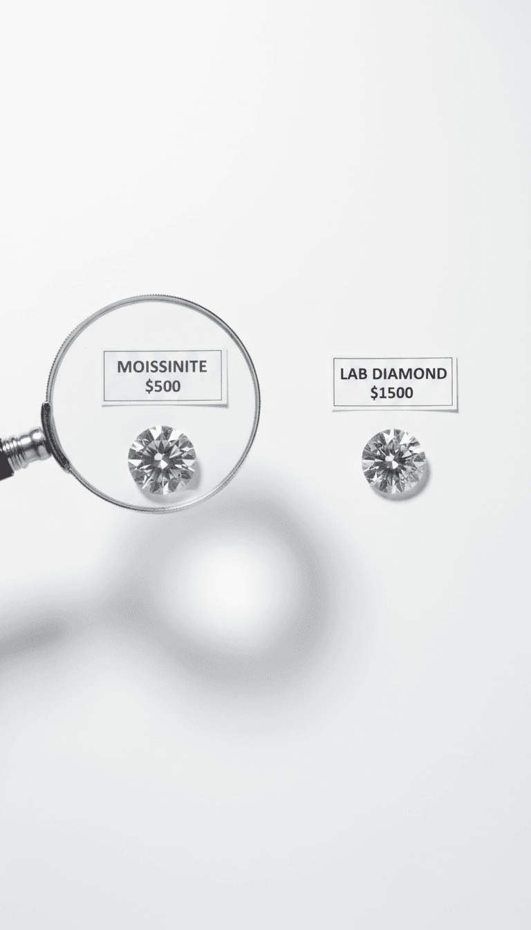 Magnifying glass over moissanite at $500 beside a lab diamond priced at $1500