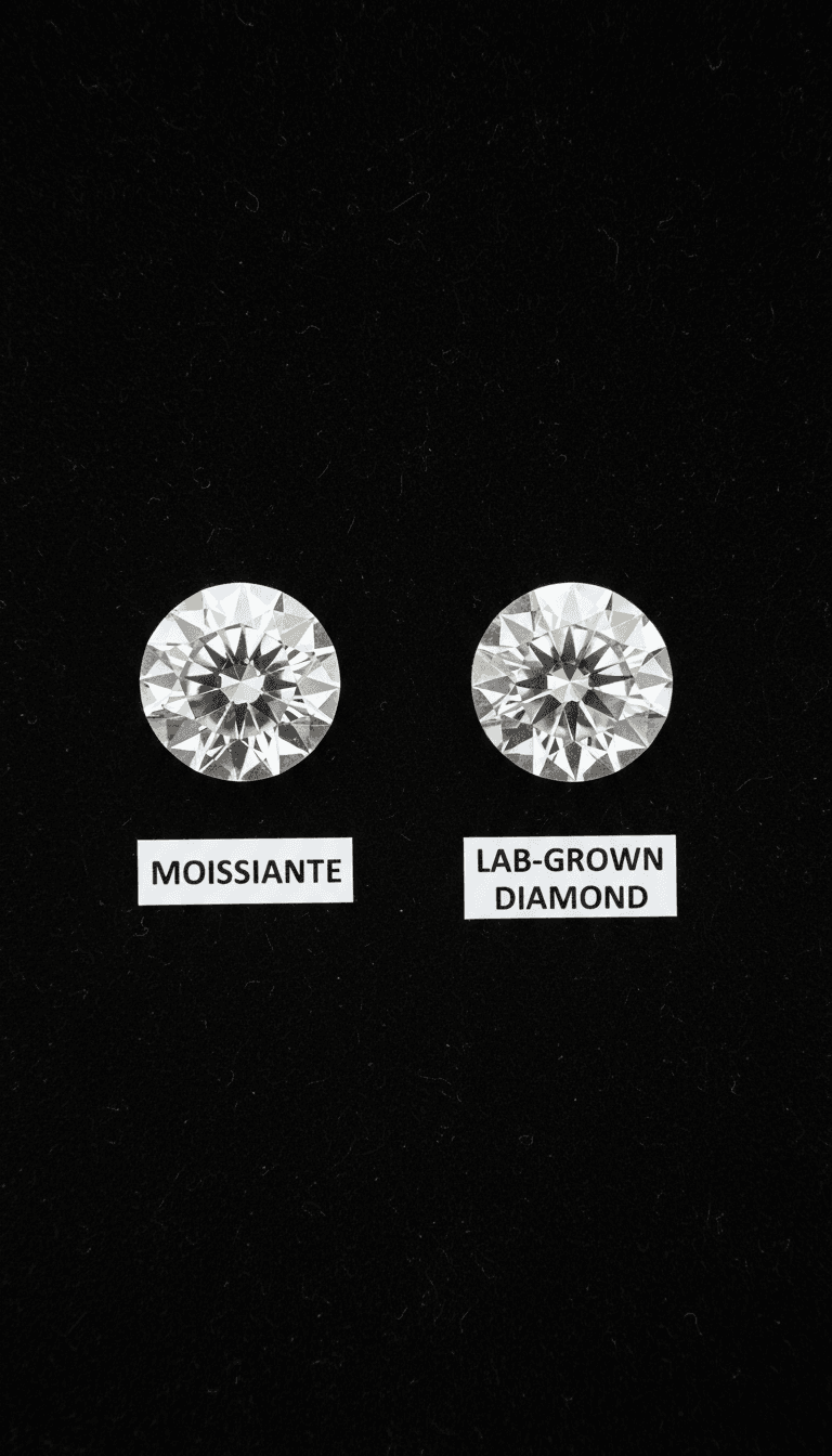 Round moissanite and lab-grown diamond side by side on black velvet background