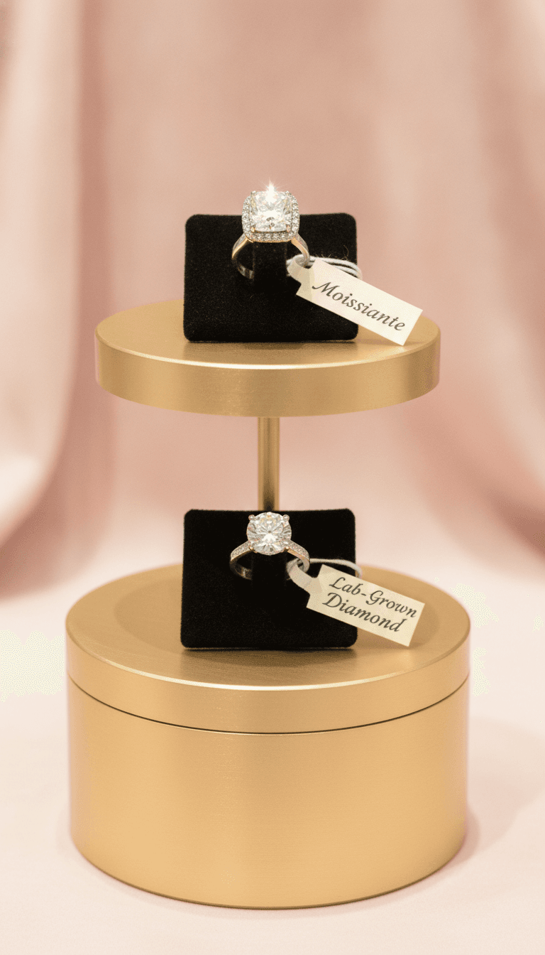 Moissanite halo ring and lab-grown diamond solitaire displayed on tiered gold stands