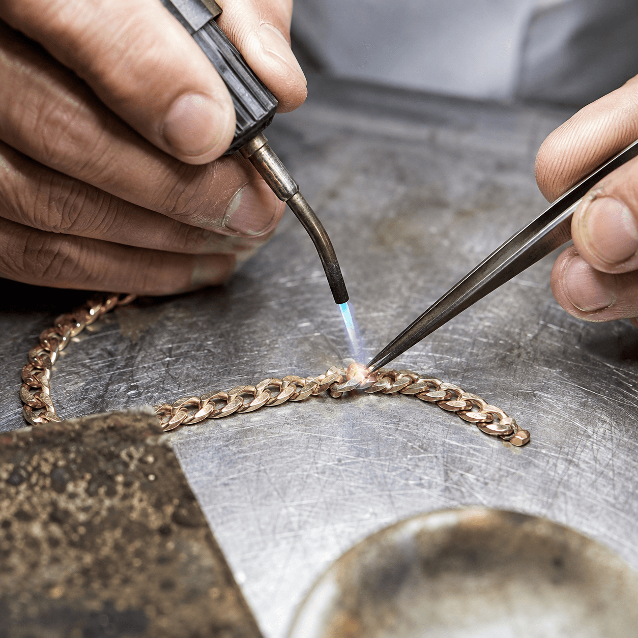 A jeweler's hands carefully soldering a broken gold chain on a steel workbench, close-up macro shot, bright white workshop