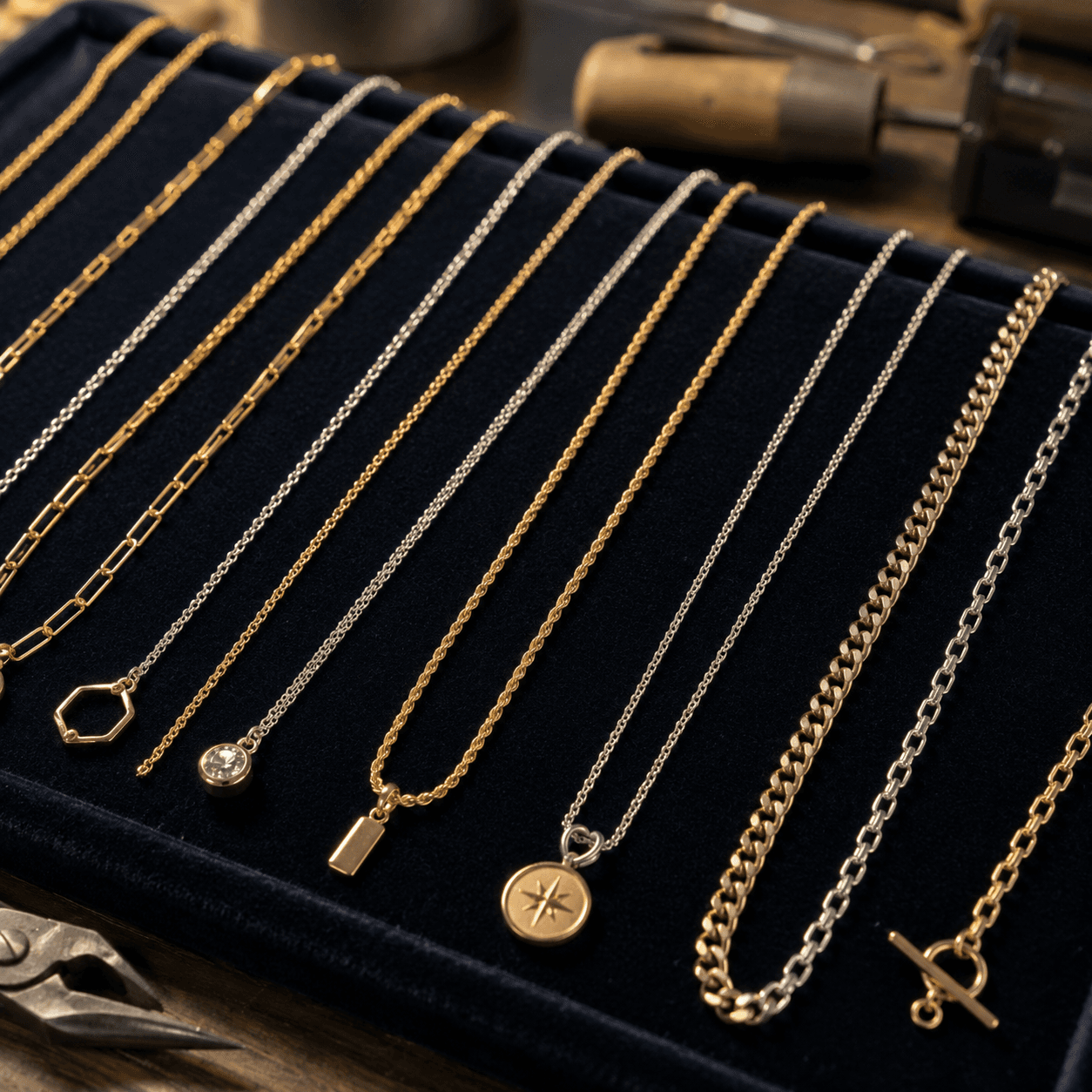 An array of necklaces in yellow gold, white gold, and sterling silver laid flat on a dark velvet tray inside a jewelry