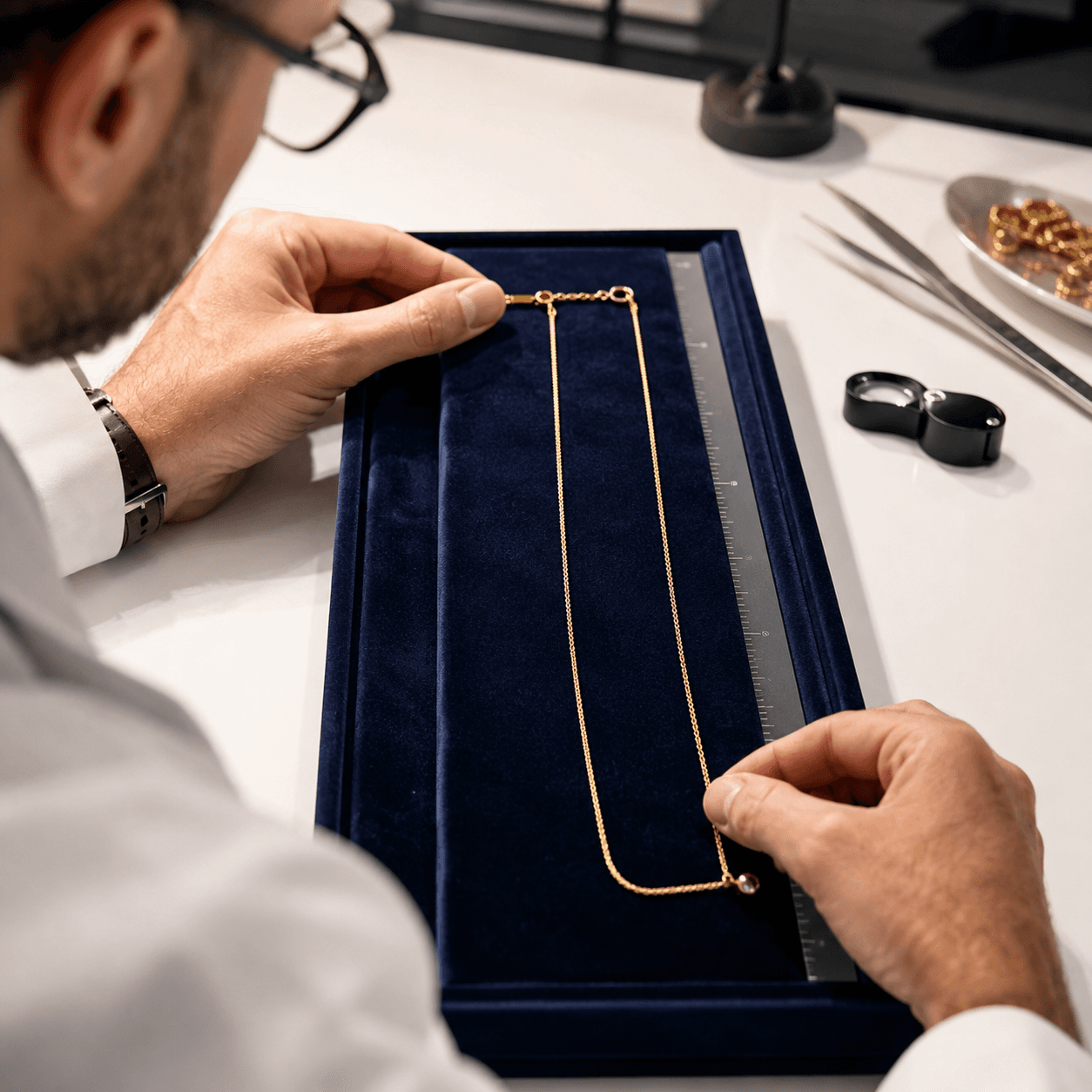 A jeweler carefully measuring a delicate gold chain necklace against a velvet sizing board on a clean white workbench, soft