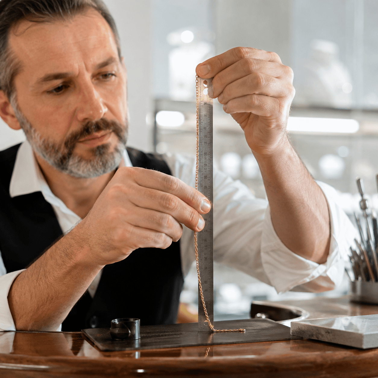 A jeweler holding a delicate gold chain necklace up to the light at a polished workbench, measuring its length with a steel