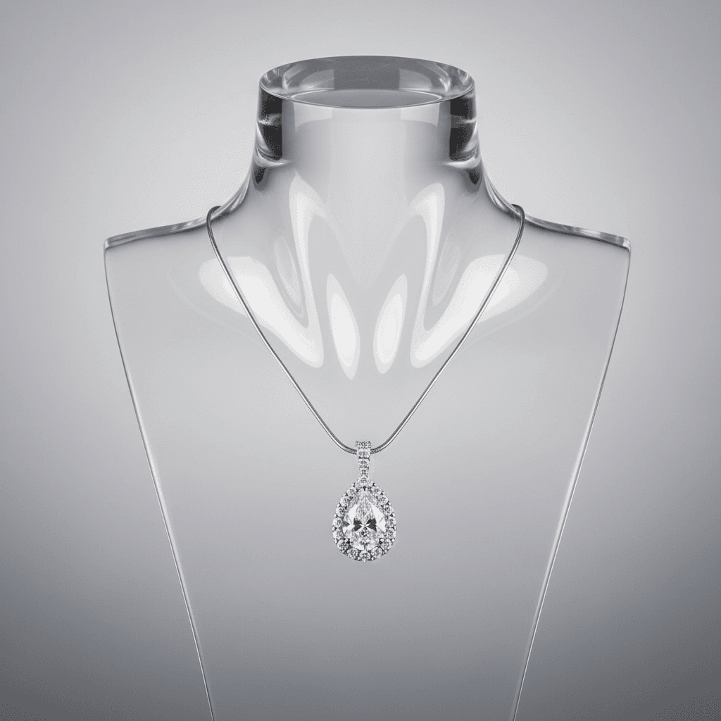 Pear-cut diamond halo pendant necklace displayed on a clear acrylic bust