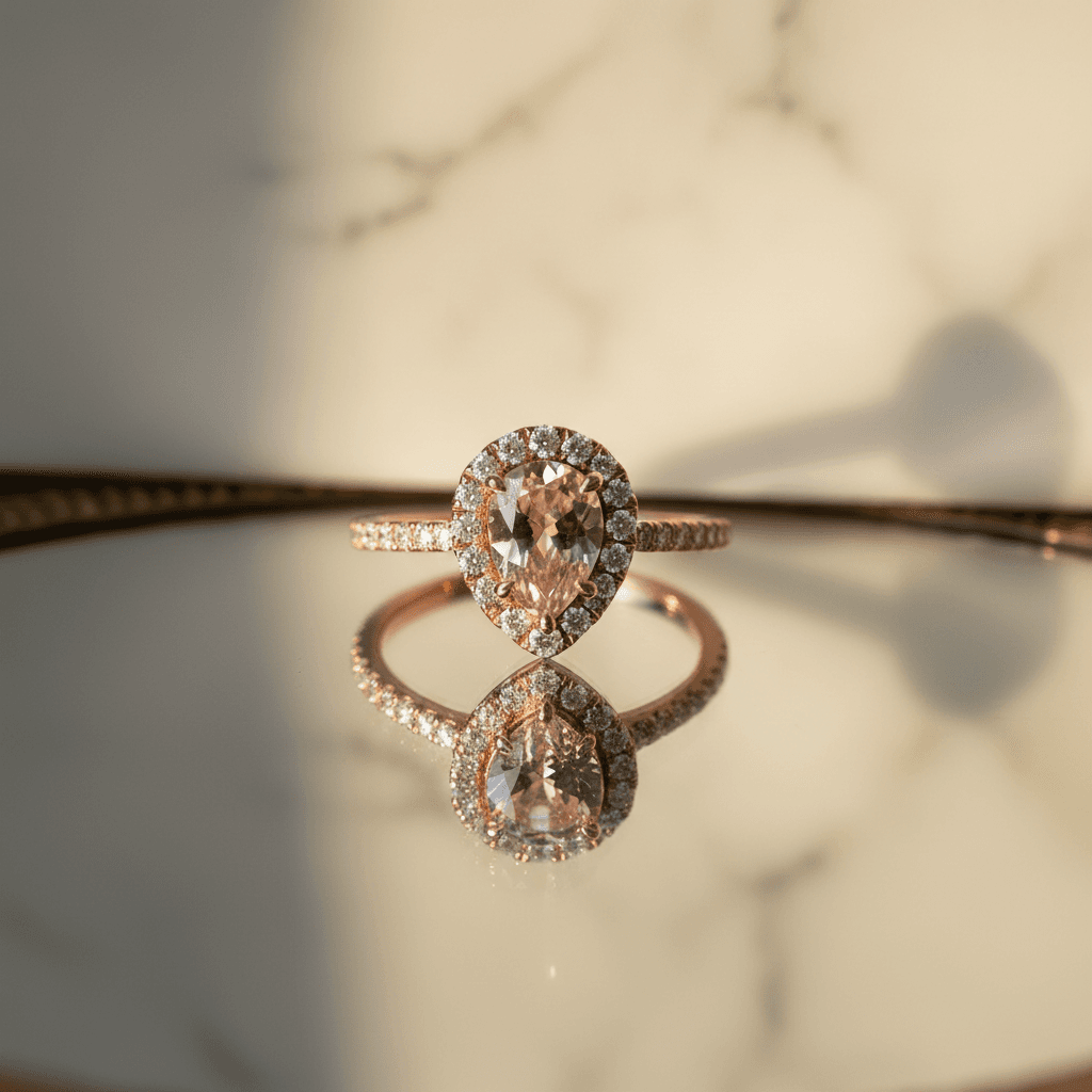 Rose gold halo engagement ring with pear-cut morganite and pavé diamond band