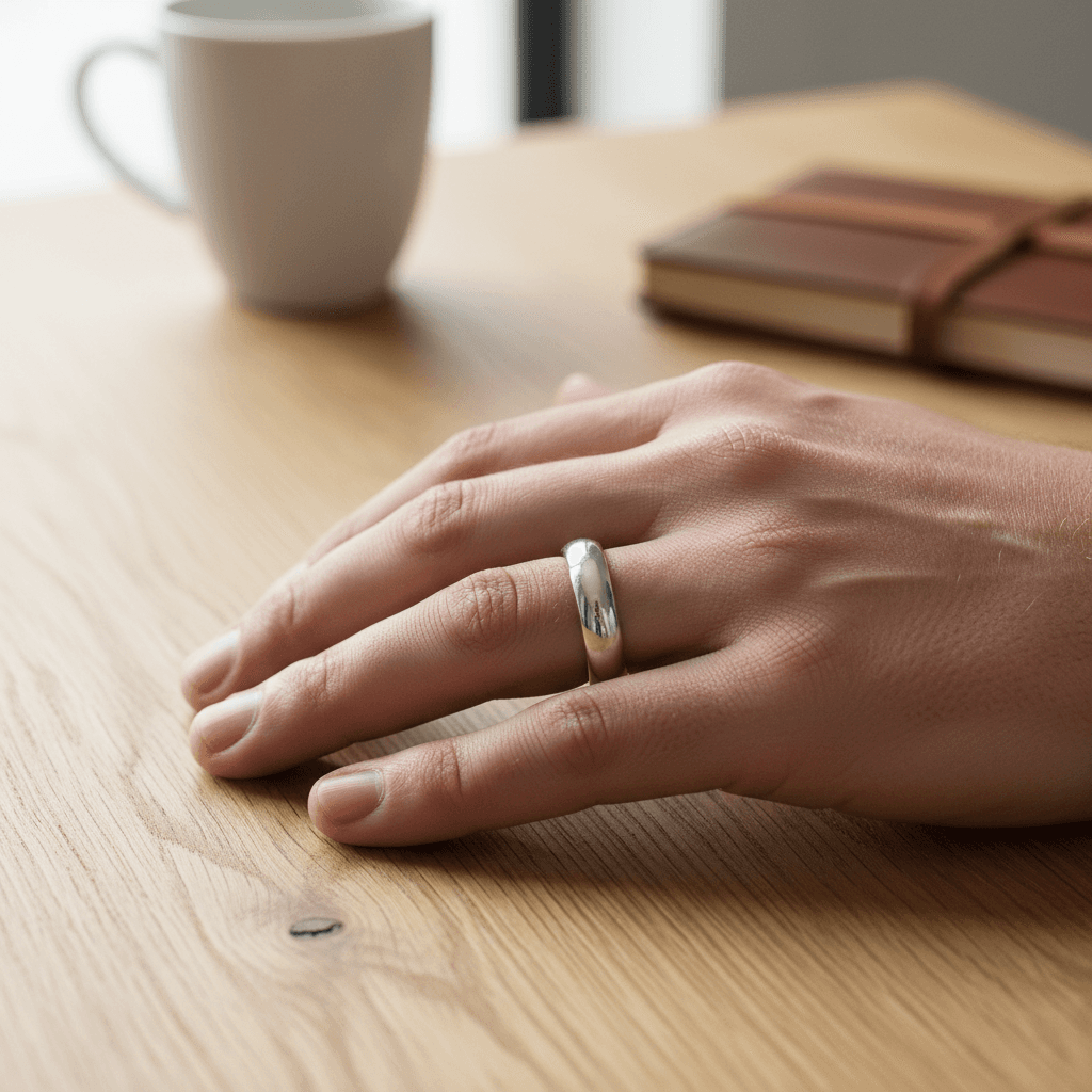Hand resting on a wooden desk wearing a polished silver band ring