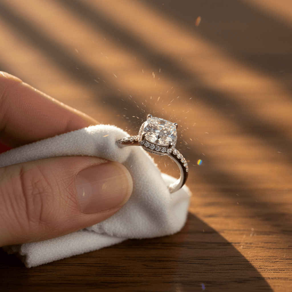 Hand polishing a cushion-cut diamond halo engagement ring with a soft white cloth
