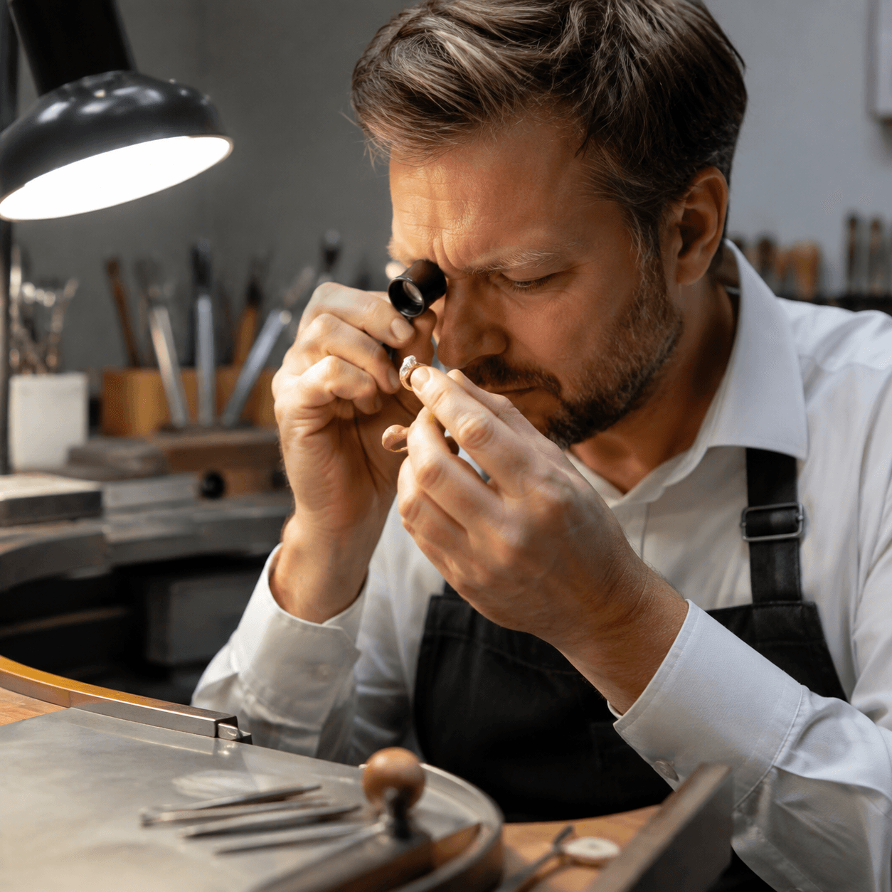 A jeweler examining a gemstone ring through a loupe at a tidy workshop bench, warm overhead light casting a soft glow across