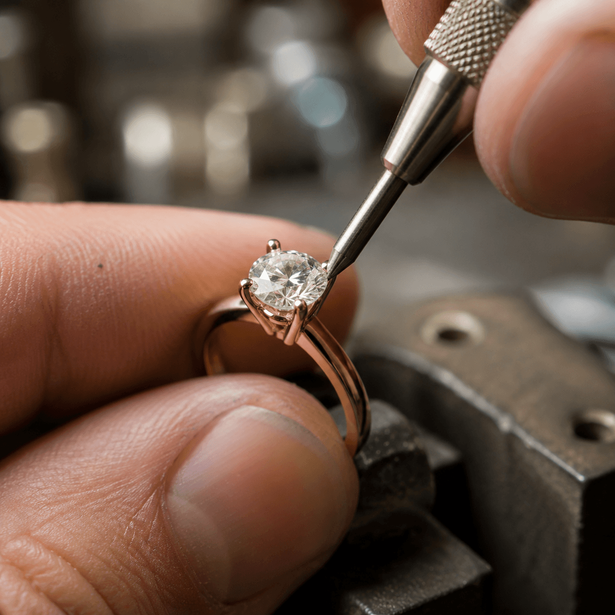 A skilled jeweler using a prong-tightening tool to secure a round diamond in a gold ring under a bright bench lamp, close-up