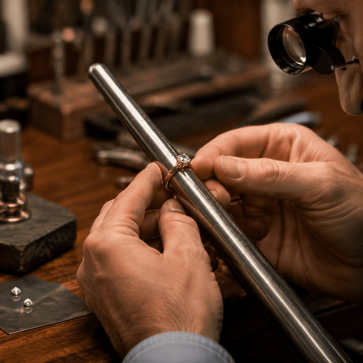 A skilled jeweler using a ring mandrel to resize a gold diamond engagement ring on a polished wooden workbench, close-up