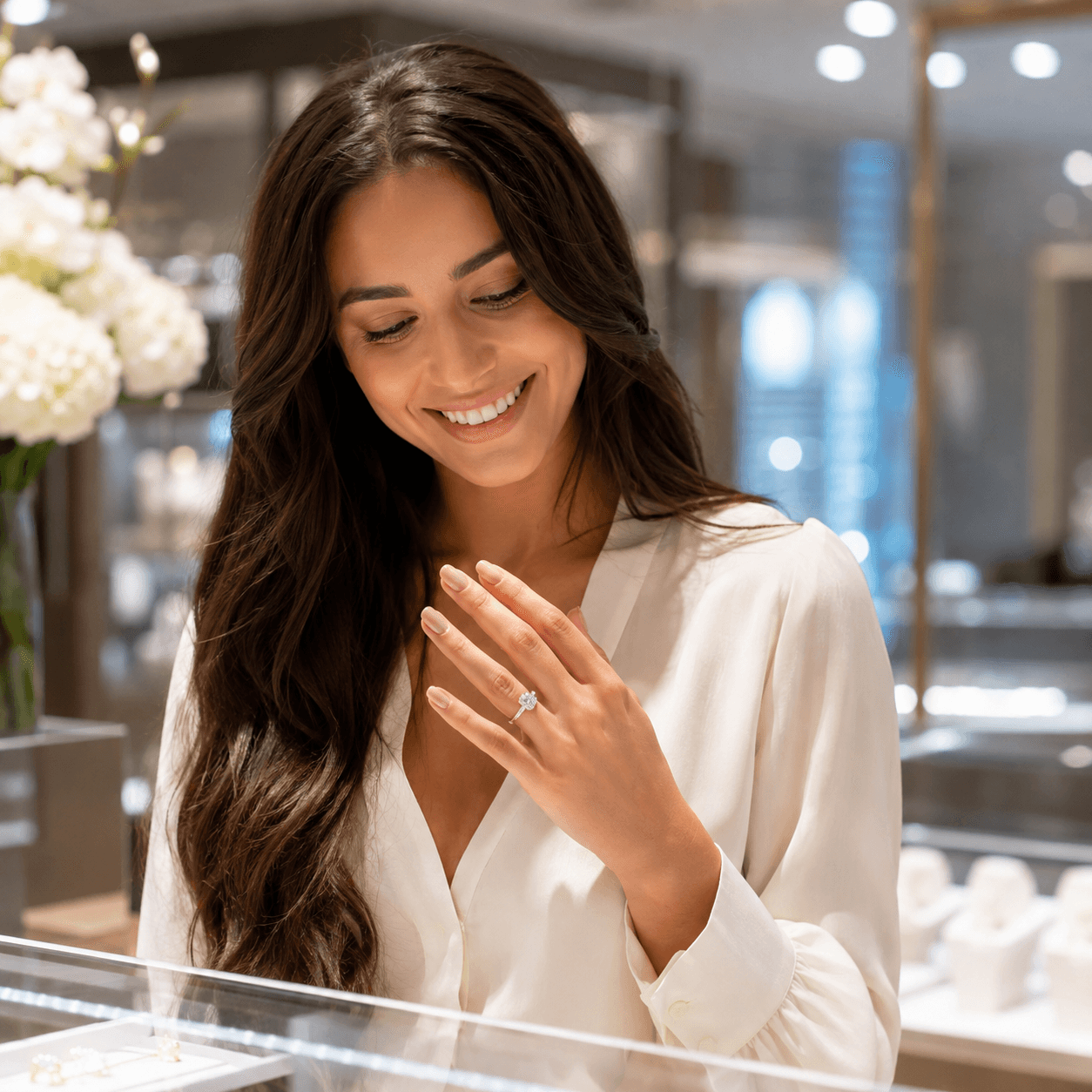 A smiling woman admiring a perfectly fitted ring on her finger, shallow depth of field, warm natural light in an elegant