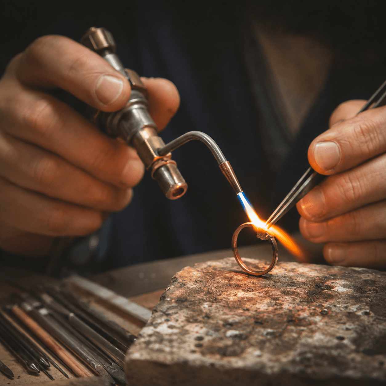 A jeweler's hands carefully soldering a ring shank with a precision torch, workshop setting, dramatic warm glow from the