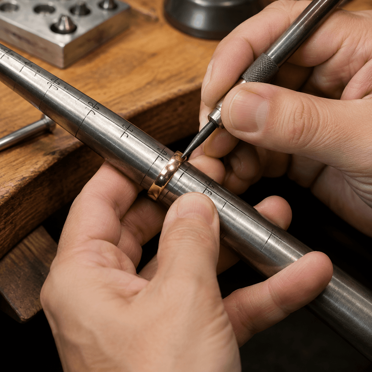 A jeweler's steady hands using precision tools to resize a gold ring on a steel mandrel, close-up shot, bright workshop