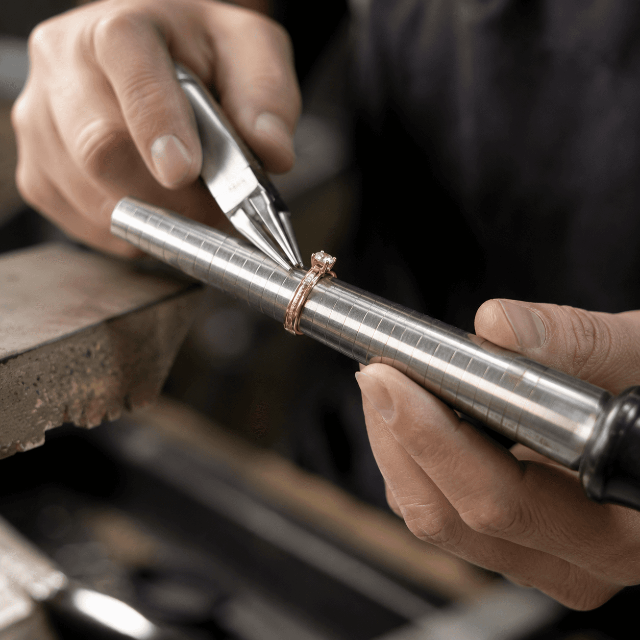 A skilled jeweler using precision tools to resize a gold ring on a mandrel, close-up shot, bright workshop lighting