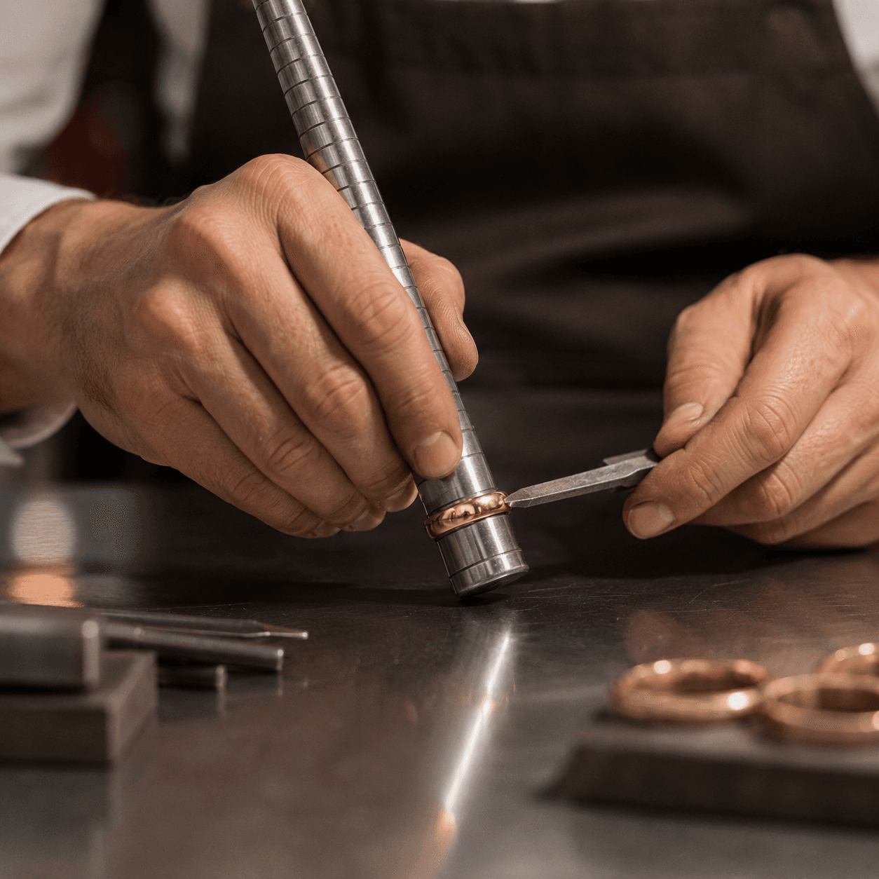 A skilled jeweler using a ring mandrel to resize a gold band on a polished steel workbench, close-up shot, warm workshop