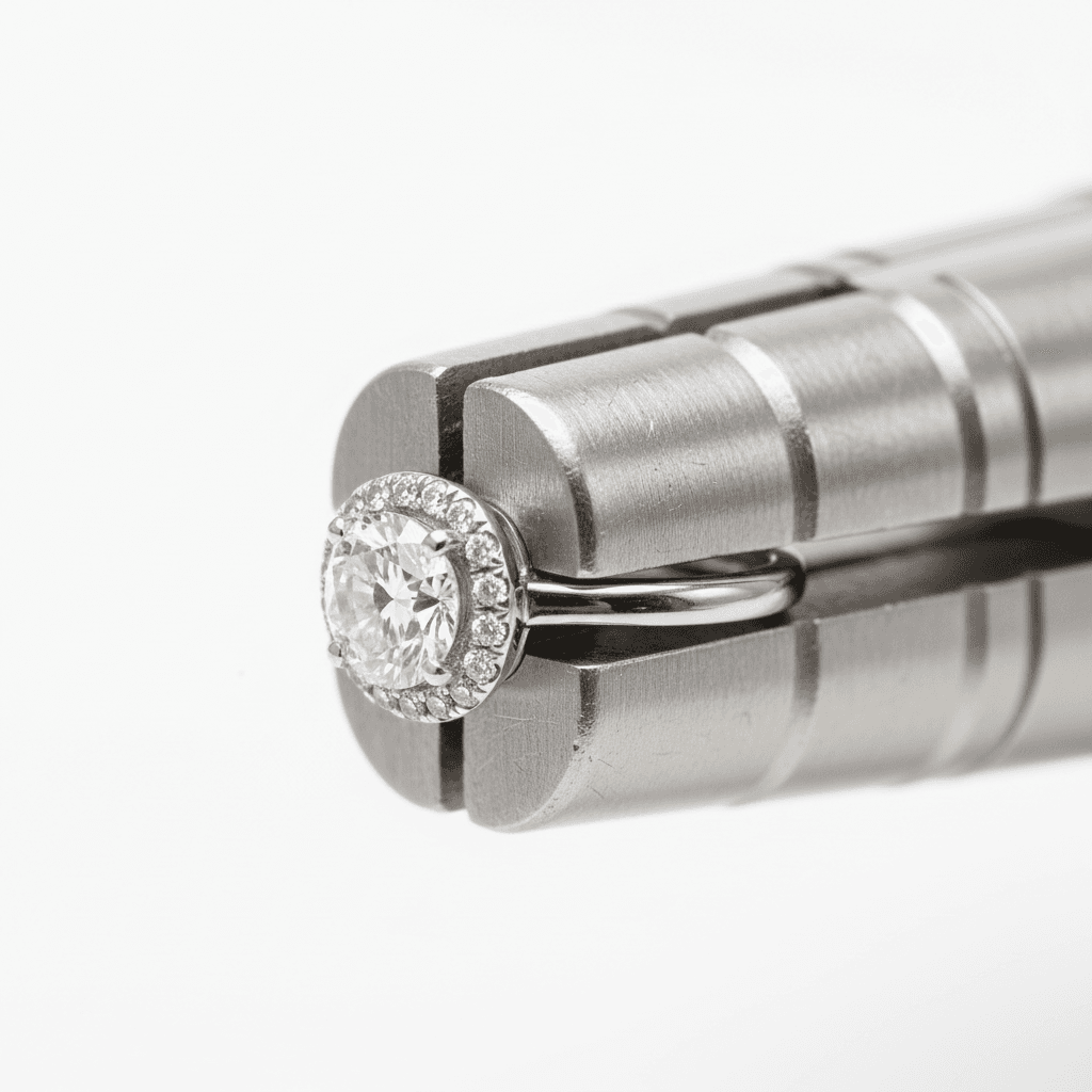 An elegant diamond engagement ring resting on a jeweler's sizing gauge tool, macro shot, clean white background with soft