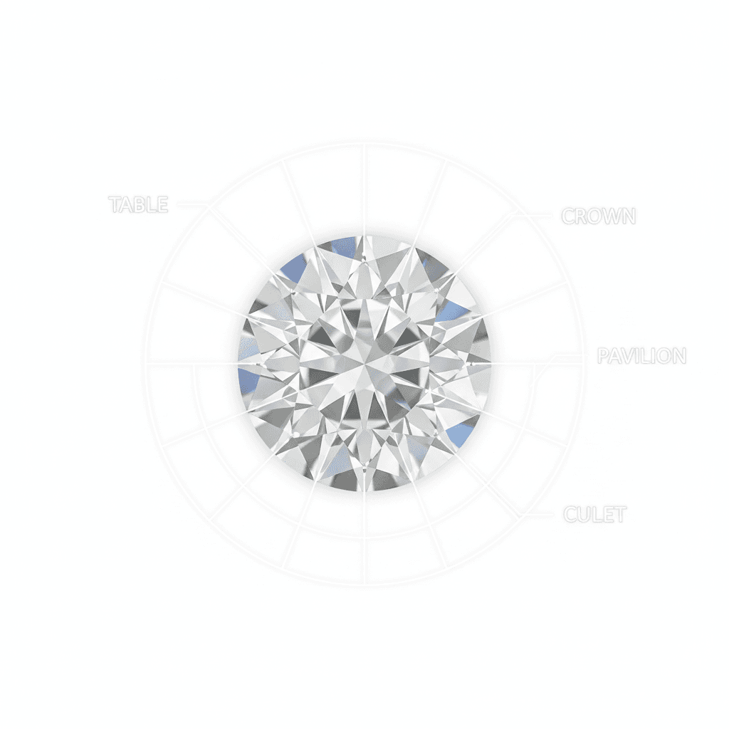 Round brilliant diamond viewed from above with labeled anatomy diagram showing table, crown, pavilion, and culet