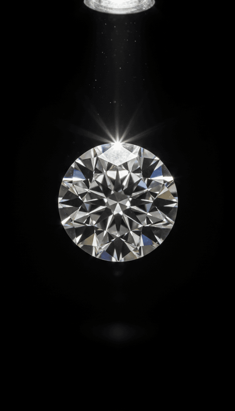 Round brilliant-cut diamond viewed from above with a star burst of light against black background