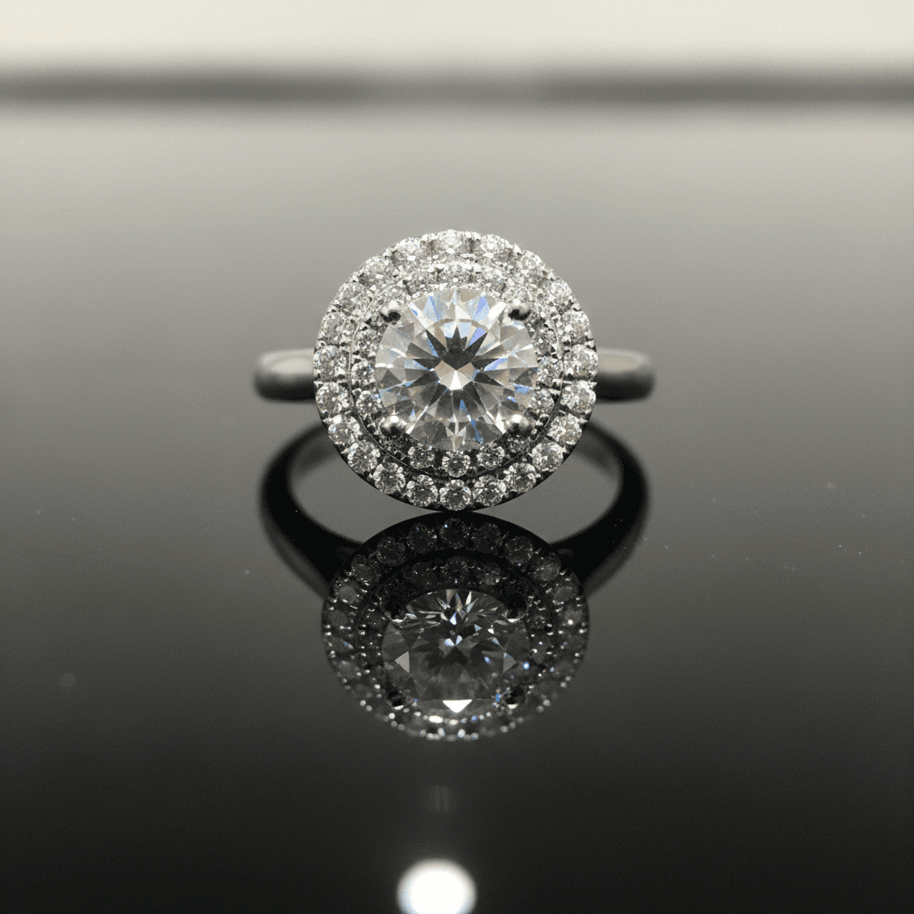 Round brilliant diamond engagement ring with double pavé halo on reflective black surface