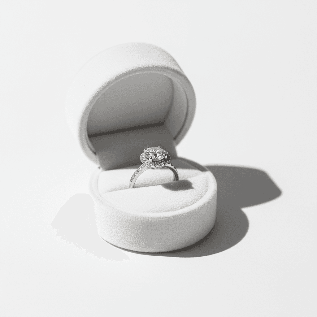 Round diamond halo engagement ring displayed in an open white velvet ring box
