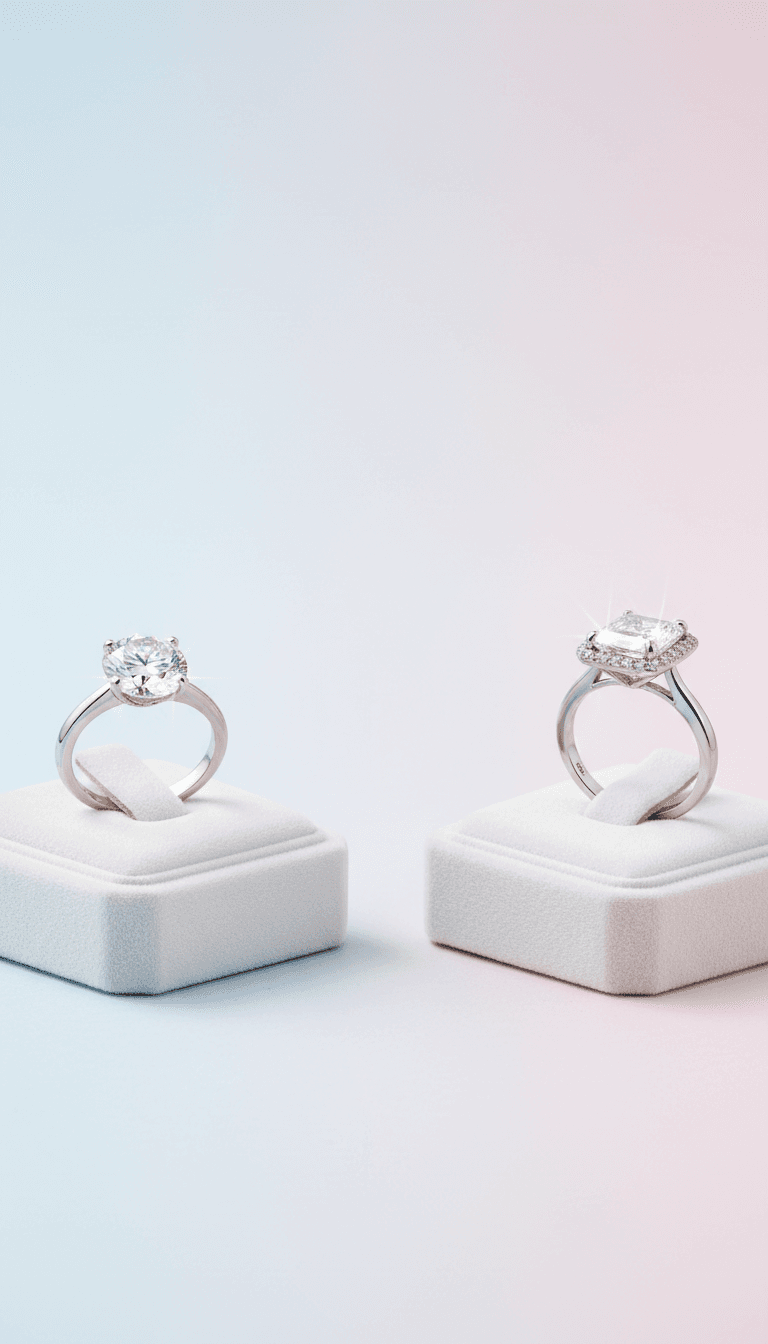 Two diamond engagement rings on white velvet display boxes against a blue-pink gradient background