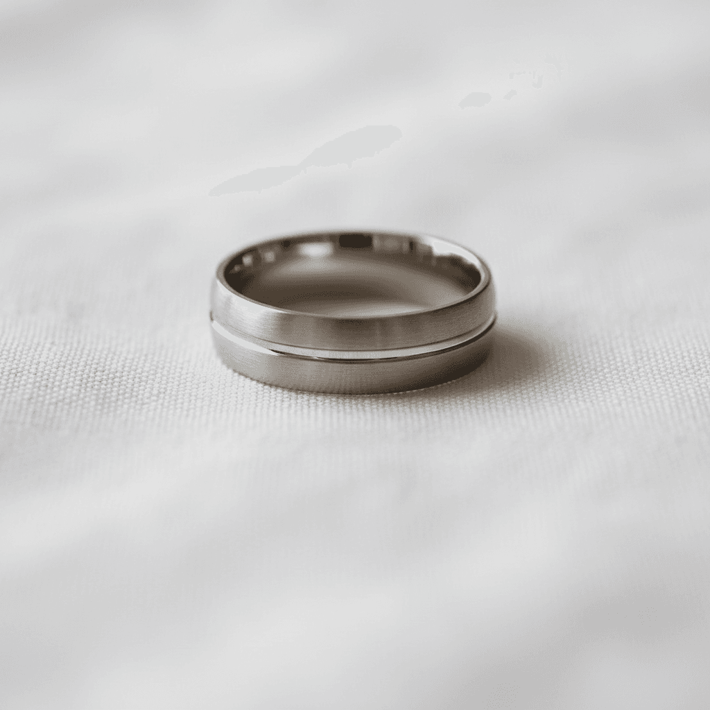 Wide silver band ring with brushed finish and polished centre groove on white linen
