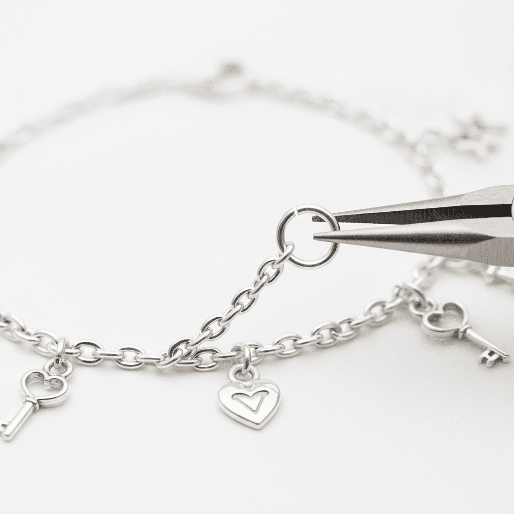 Needle-nose pliers attaching a charm to a silver chain bracelet with heart and key charms
