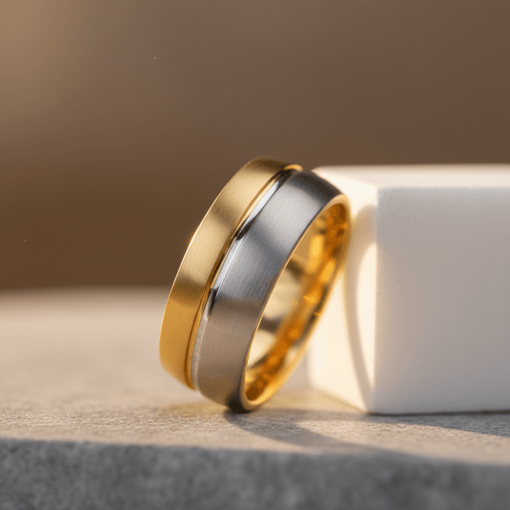 Two-tone wedding band with brushed silver center and polished gold edges leaning against white block