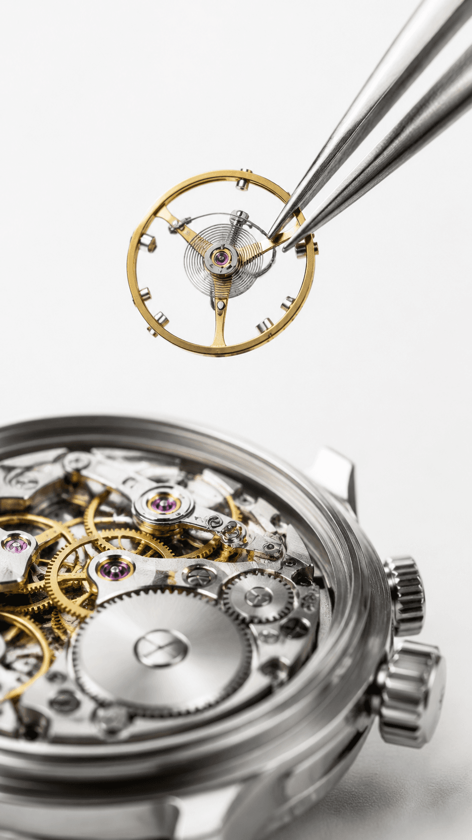 Steel tweezers holding a gold balance wheel above an open mechanical watch movement