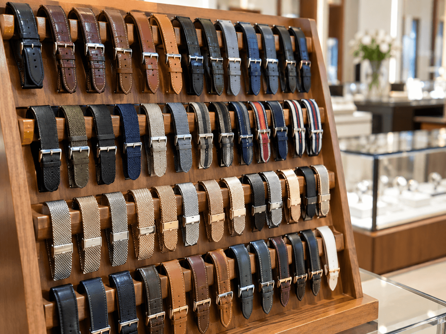 A neatly organized display of watch bands in multiple materials and colors hanging on a wooden retail rack inside a well-lit