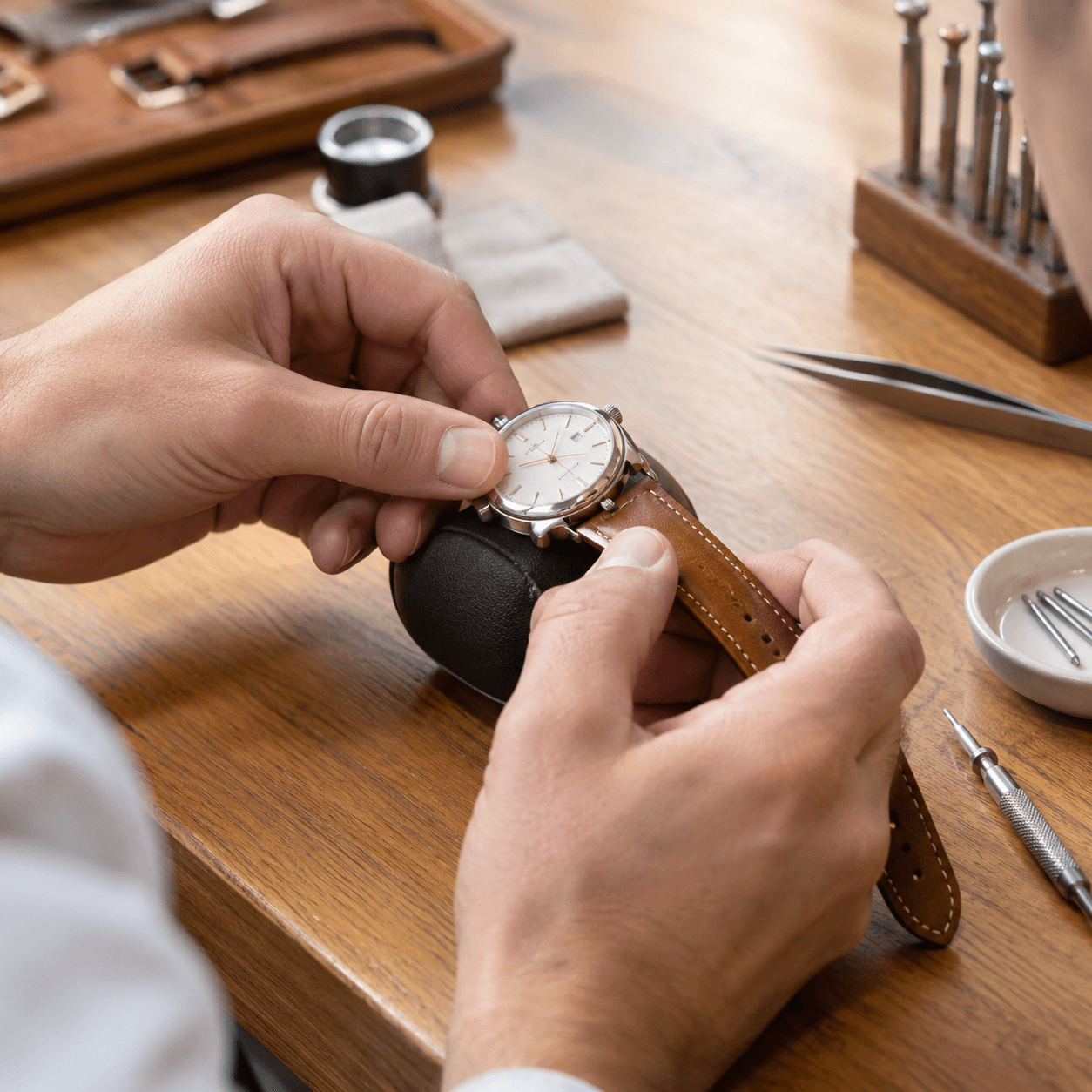 A jeweler's hands carefully attaching a tan leather strap to a classic dress watch on a clean wooden workbench, warm