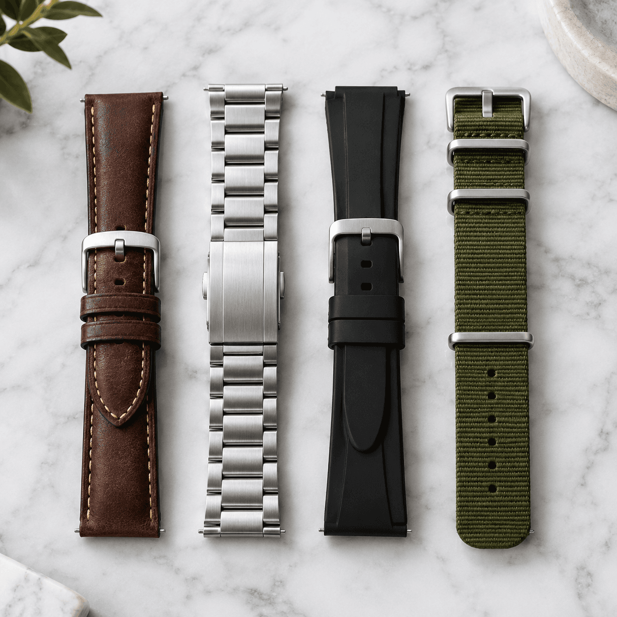 A close-up flat-lay of four watch bands side by side, brown leather, brushed stainless steel, black rubber, and olive NATO
