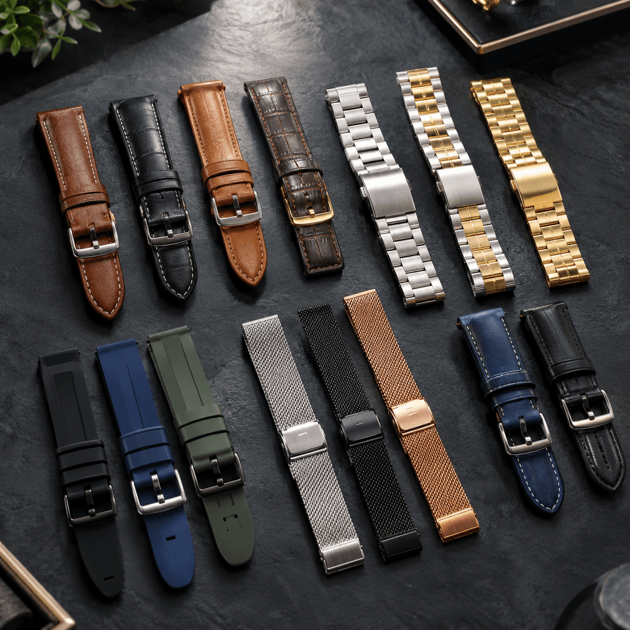 A neat display of assorted watch bands in leather, metal, and silicone laid out on a dark slate surface in a jewelry store