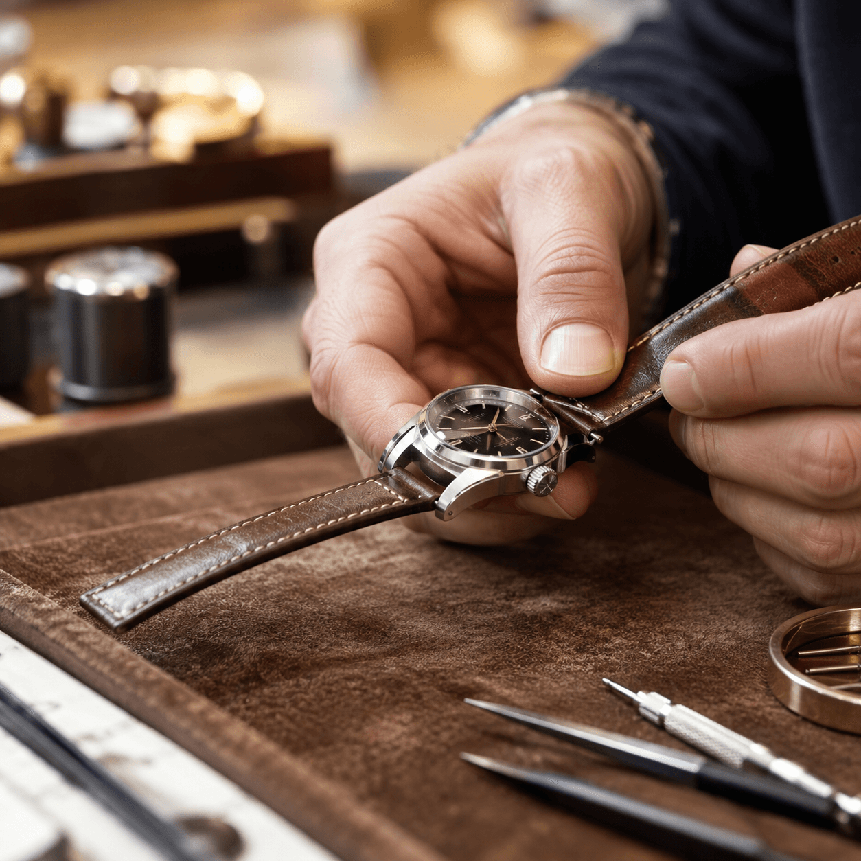 A close-up of a jeweler's hands carefully attaching a brown leather watch band to a stainless steel watch case on a