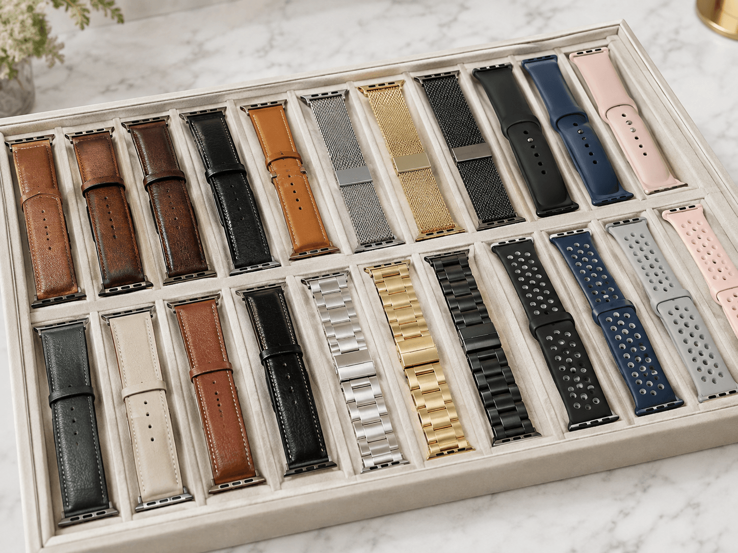 A wide overhead shot of an organized display tray holding watch bands in multiple colors and materials, leather, metal mesh
