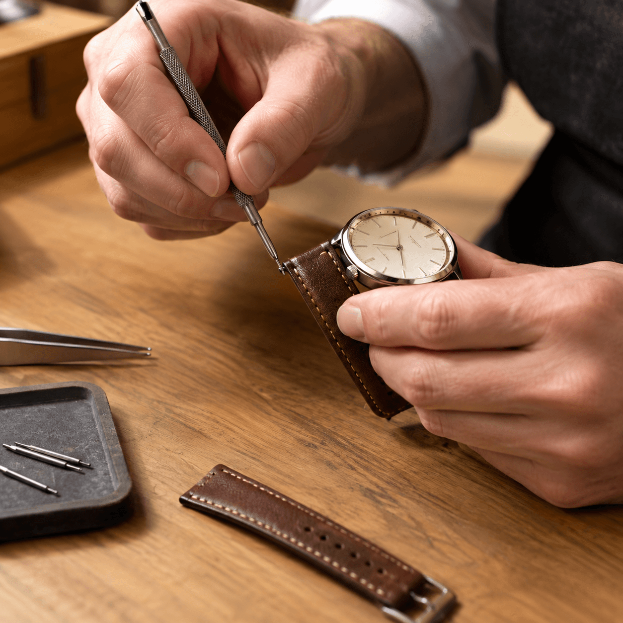 A jeweler's hands using a spring-bar tool to attach a brown leather strap to a classic dress watch on a clean wooden