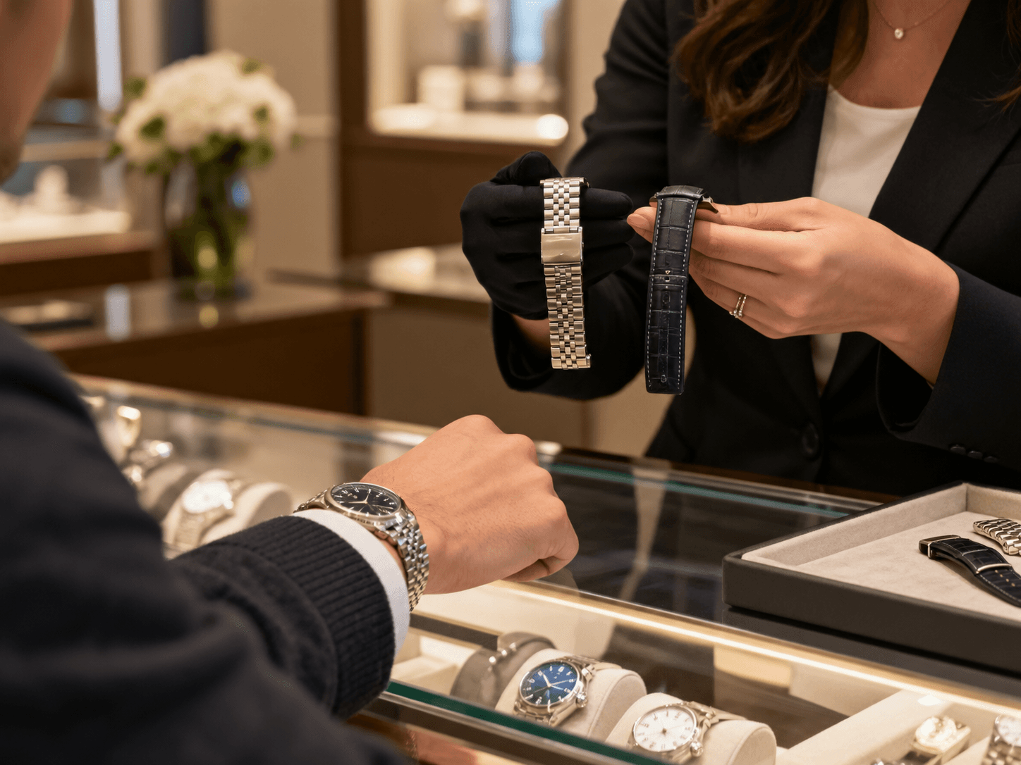 A customer's wrist resting on a glass jewelry counter while a store associate holds up two different watch bands for