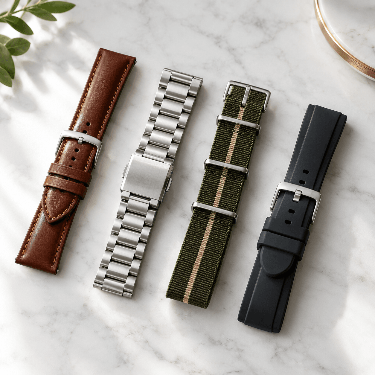 A close-up flat-lay of four watch bands in leather, stainless steel, NATO fabric, and silicone arranged neatly on a white