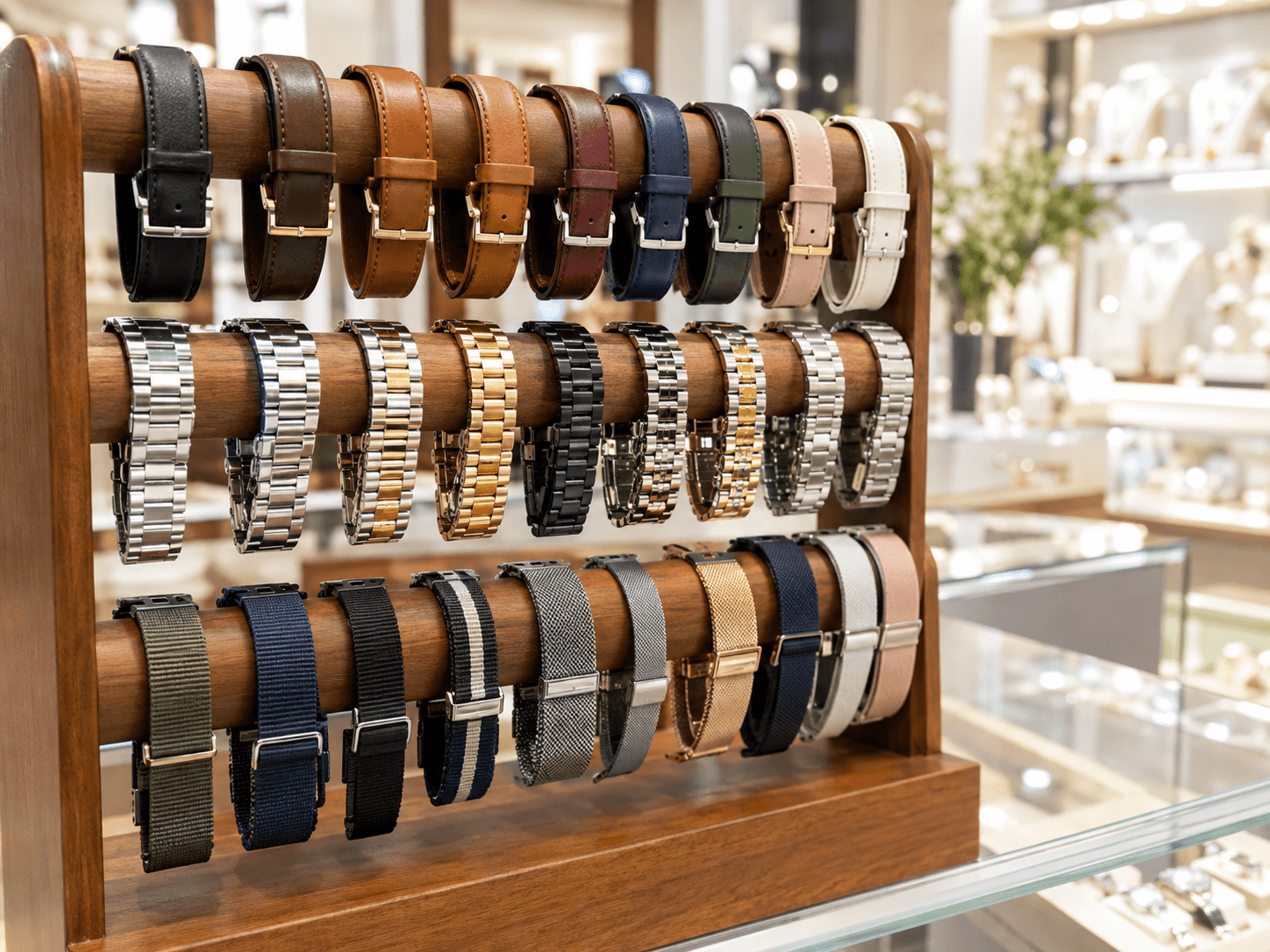 A neatly organized display of watch bands in multiple materials and colors hanging on a wooden rack inside a bright jewelry