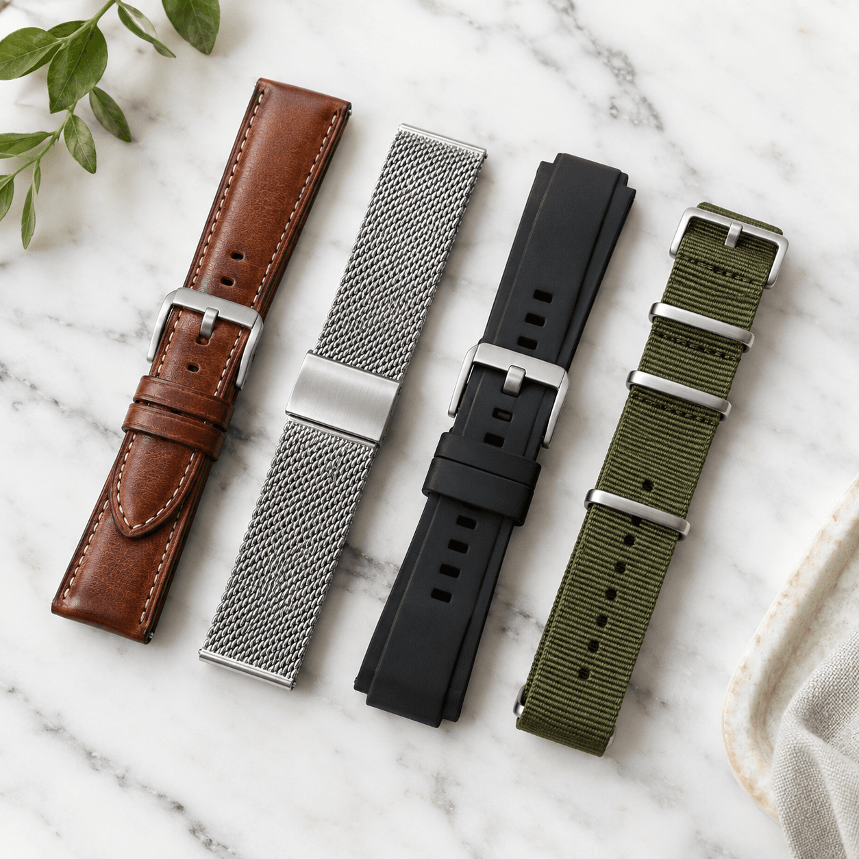 An overhead flat-lay of four watch bands in different materials, leather, stainless mesh, black rubber, and olive NATO