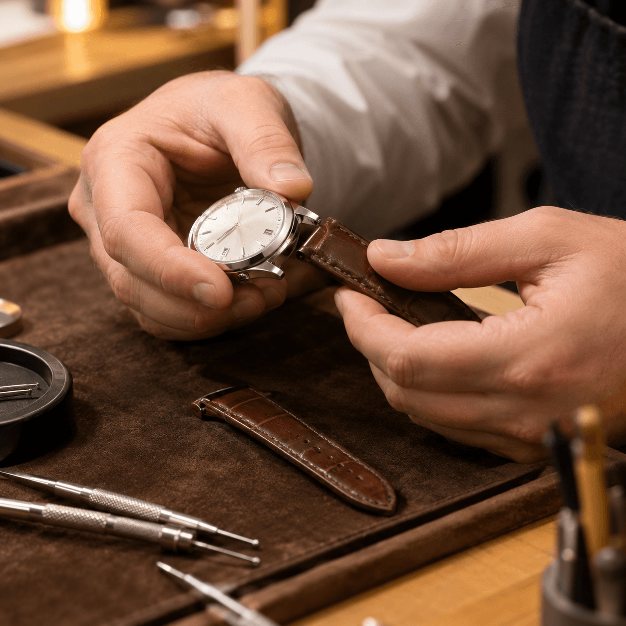 A close-up of a jeweler's hands carefully attaching a brown leather watch band to a stainless steel dress watch on a