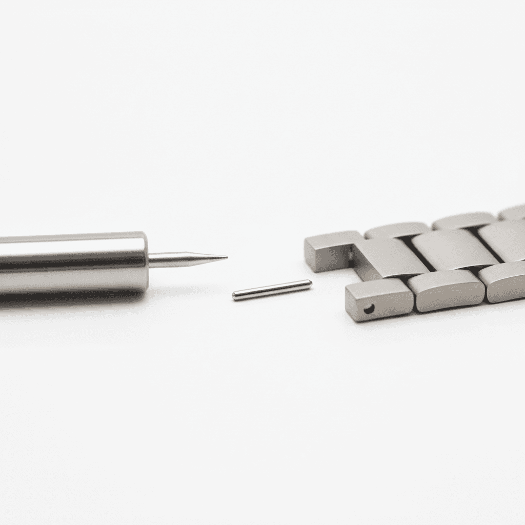 Steel watch bracelet link removal tool with pin and removed link pin