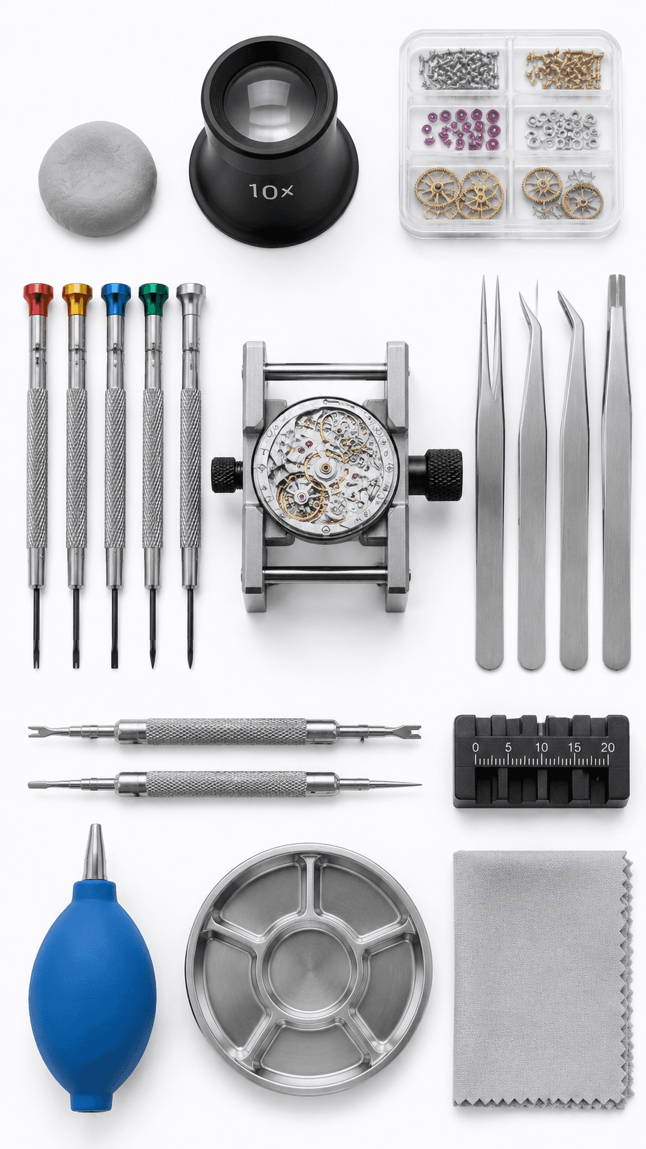 Watchmaker's toolkit with 10x loupe, screwdrivers, tweezers, movement holder, and spare parts