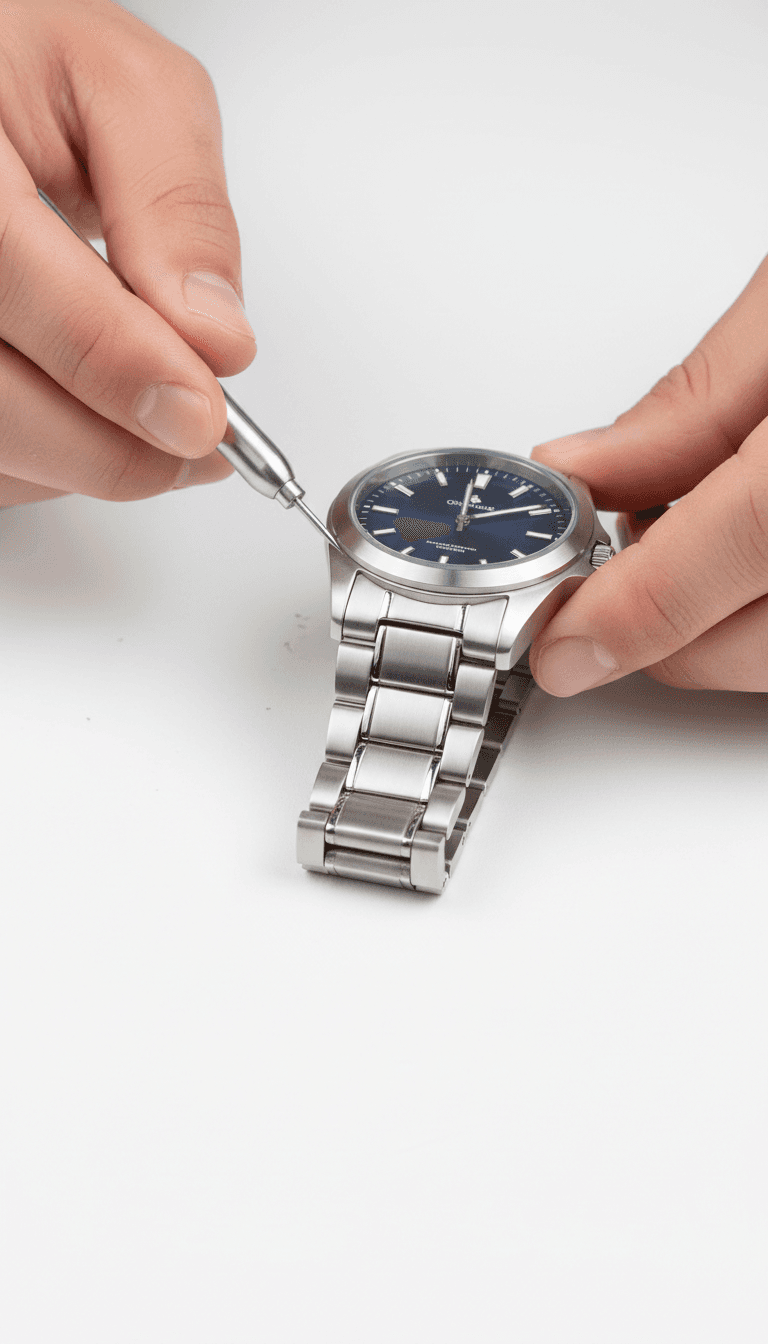 Watchmaker using a fine tool to adjust the crown of a silver watch with blue dial