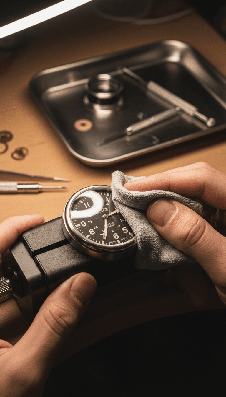 Watchmaker's hands polishing a black-dial watch face with a grey microfiber cloth
