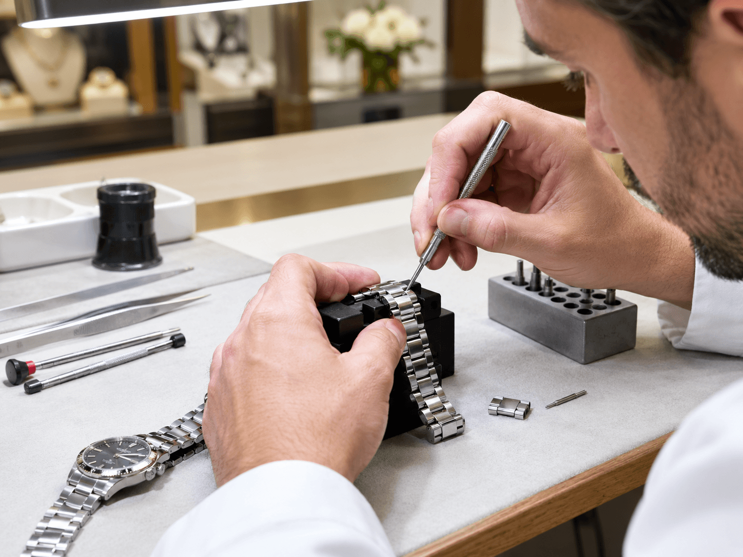 Watchmaker using a pin punch tool to remove a link from a stainless steel bracelet