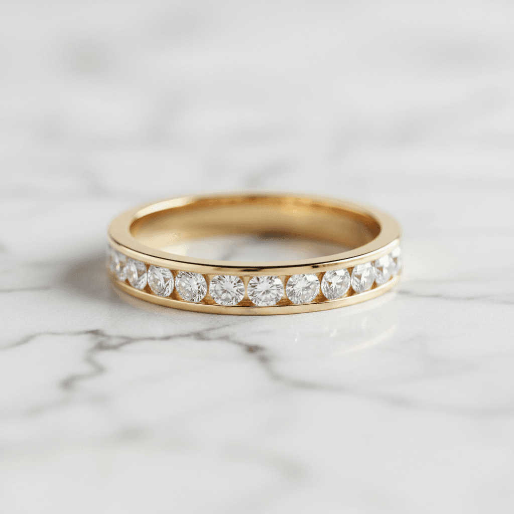 Yellow gold channel-set diamond eternity band resting on white marble