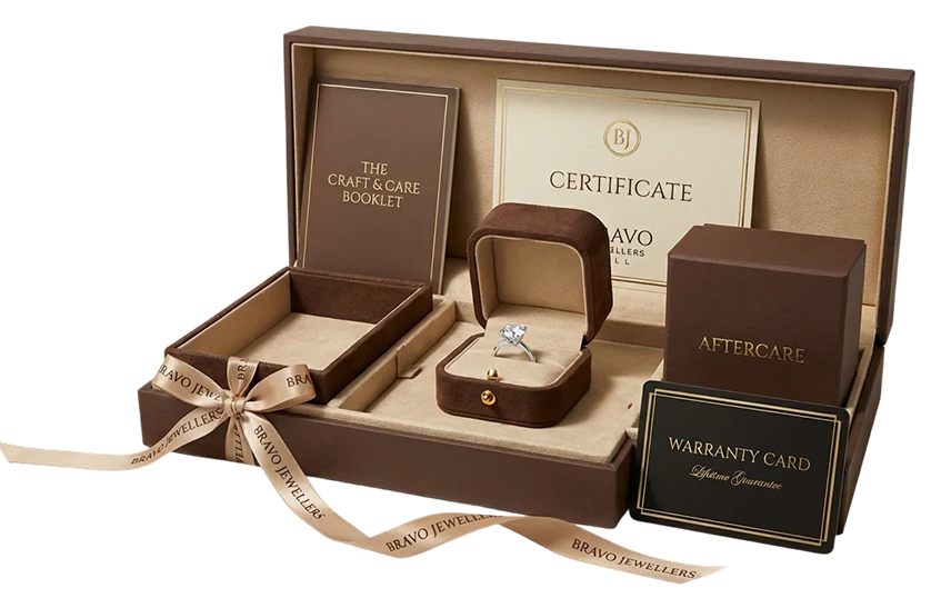 Complete jewelry experience - cleaning kit, ring, certificates, and warranty